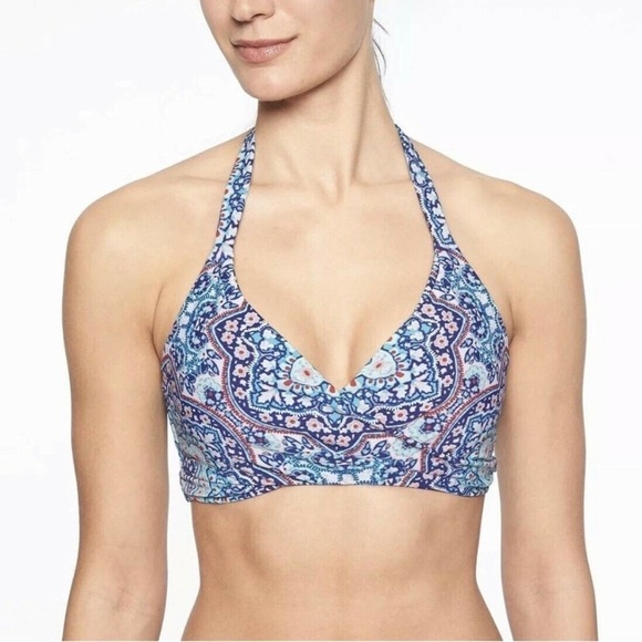 Athleta Other - Athleta Bikini Halter Swim Top Monaco Blue Print Bra Cup Wrap Style Size 32 B/C